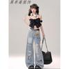 High-waisted Ripped Workwear Jeans for Women New Style with Loose Ribbons Straight-leg Washed Floor Mopping Pants Old Fashion