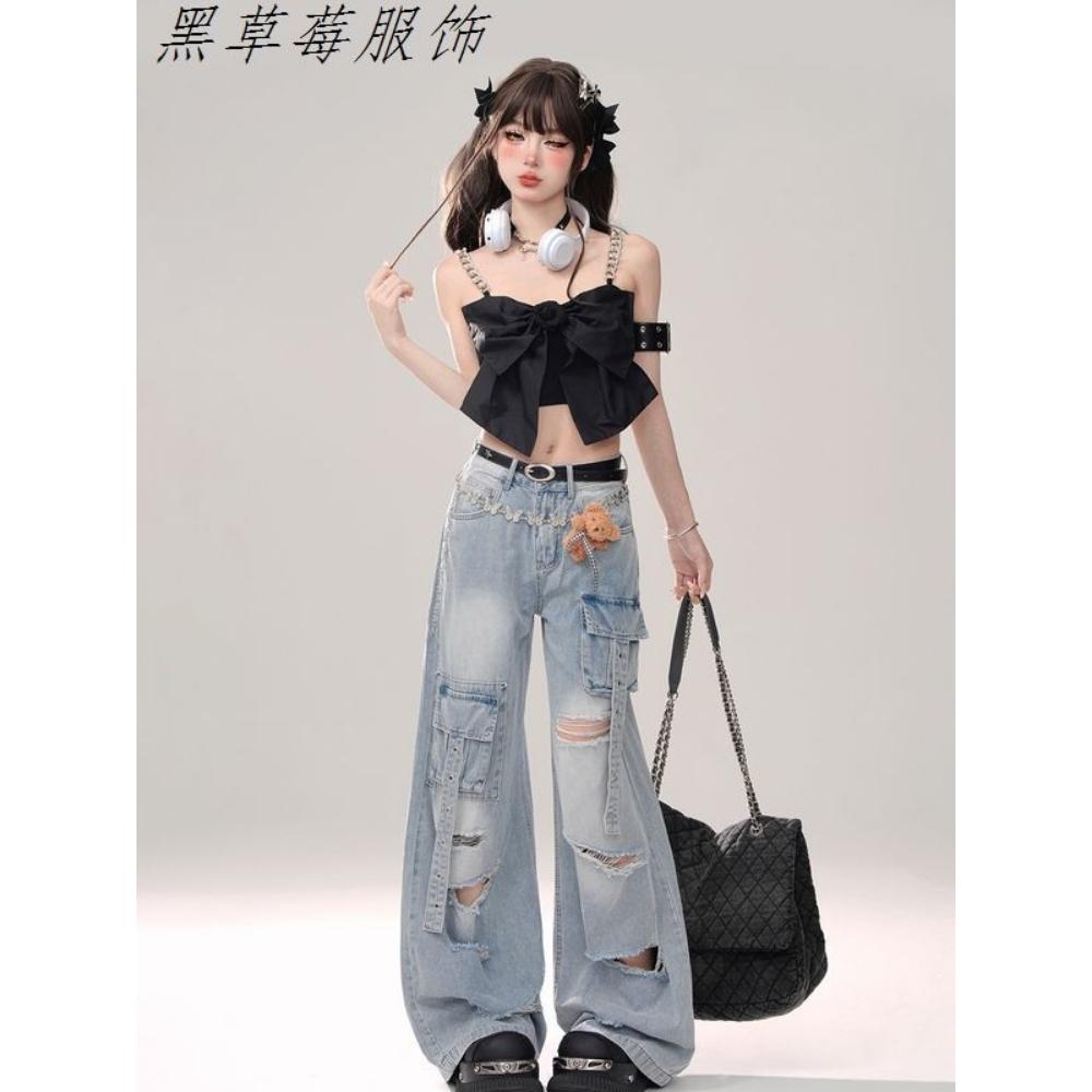 High-waisted Ripped Workwear Jeans for Women New Style with Loose Ribbons Straight-leg Washed Floor Mopping Pants Old Fashion