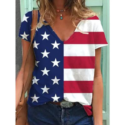 USA National Flag Printed T-Shirt Fashion Women Short Sleeve V-Neck Streetwear Tees Harajuku Casual Y2k Cool Girls Tops