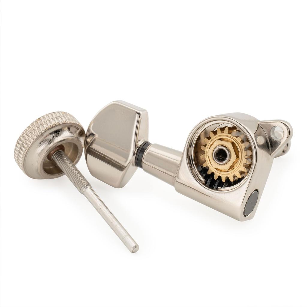 Musiclily Pro 6-Piece Locking Tuning Pegs with 18:1 Gear Ratio, Hex Buttons, 45-Degree Screws, for Strat, Telecaster, and Electric Guitars, Nickel