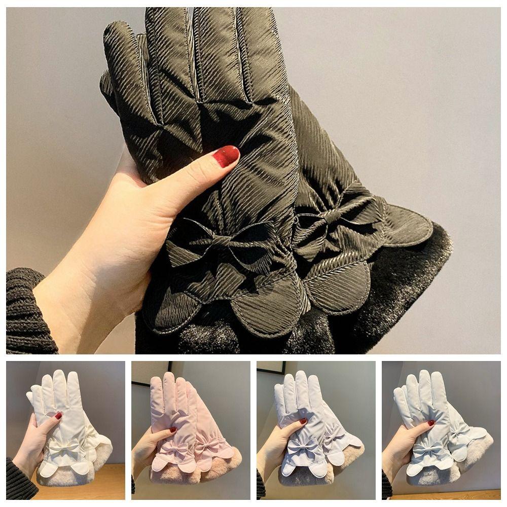 Soft Plush Thickened Gloves  Satin Windproof Gloves Gift Bow Anti-cold Mittens  Daily