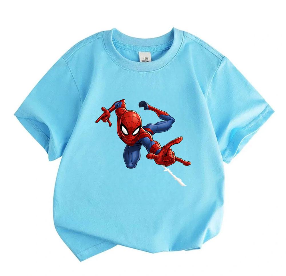 Kids Boys Girls Crew Neck Short Sleeve 100% Cotton T-Shirt, Cool Superhero Swinging Print Casual Soft Breathable Tee for Daily Play Outdoor Home Wear