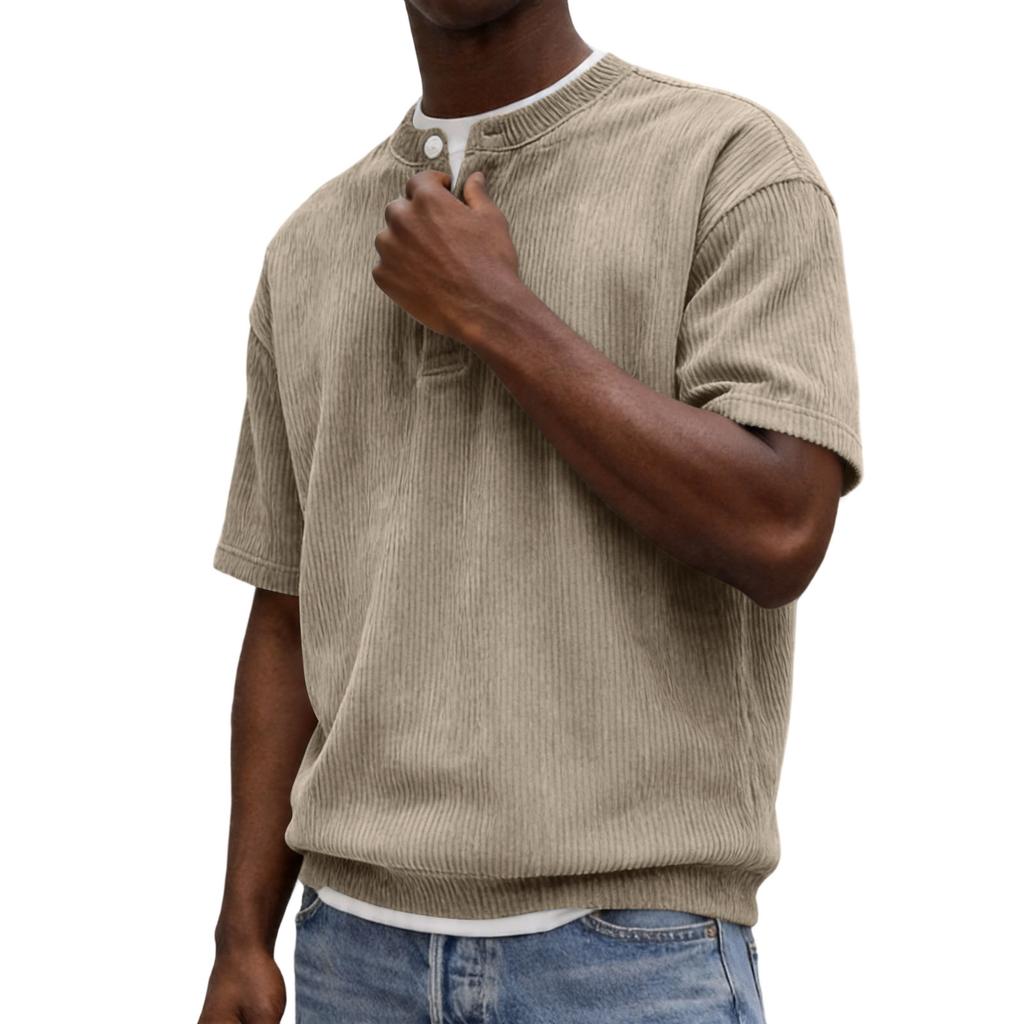 Men Henley Neck Short Sleeve Corduroy Shirt with Button Placket Relaxed Fit Casual Summer Top for Everyday Wear