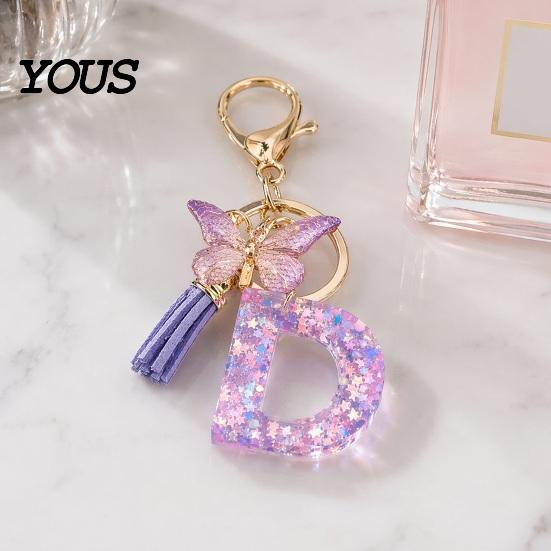 Key Holder For Backpack Purple Series Keychain Pendant, Sequins Star Initial Letter Charm Chain with Butterfly Tassel Design, A-Z for Bag