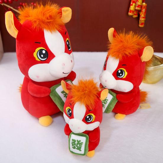 Cute Red Horse Plush Doll Horse Holding Mahjong Ornament Soft Desktop Zodiac Mascot Wealth Attracting Year of Horse Gifts