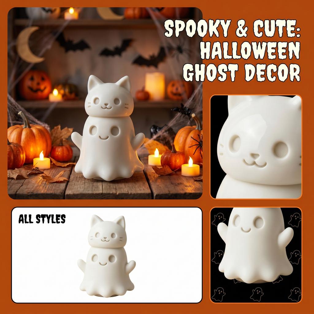 Halloween Ghost Figurine with Cat Sitting On Top Festive Decoration Resin Material Indoor Display Accent for Seasonal Home Decor