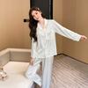 1011 spring and autumn new ice silk pajamas women's Korean version of high-end light luxury striped long-sleeved thin loungewear set