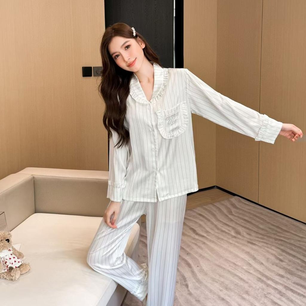 1011 spring and autumn new ice silk pajamas women's Korean version of high-end light luxury striped long-sleeved thin loungewear set