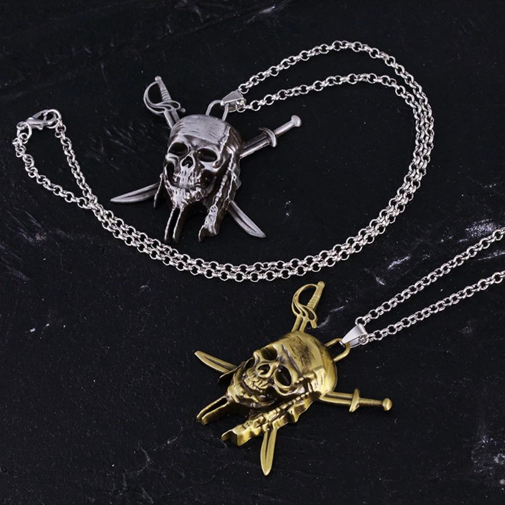 Pirates Of The Caribbean Necklace Movie Jack Sparrow Aztec Skeleton Skull Heads Pendant Punk Medallion Vintage Jewelry