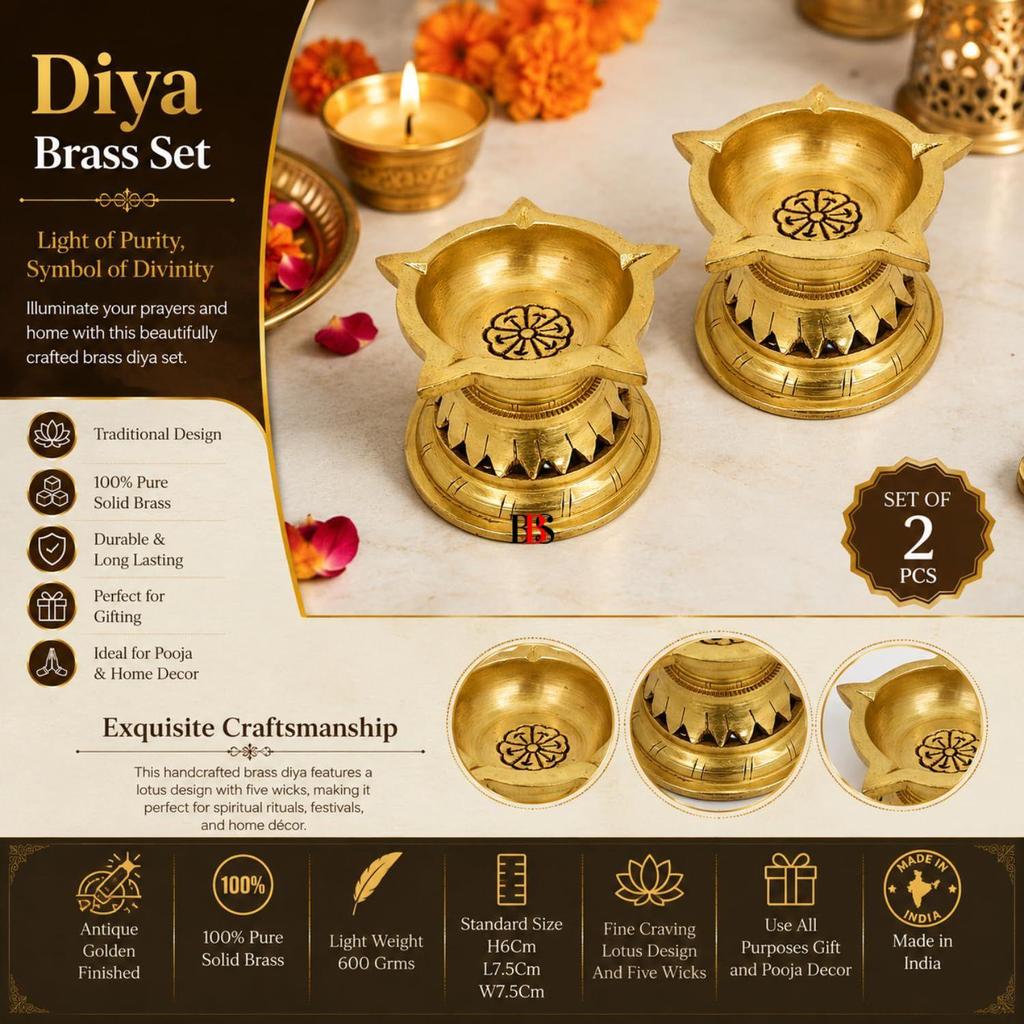 Diya Brass Set of 2 Small Size, Deepak Pooja Aarti Pack of 2, Brass Akhand Diya