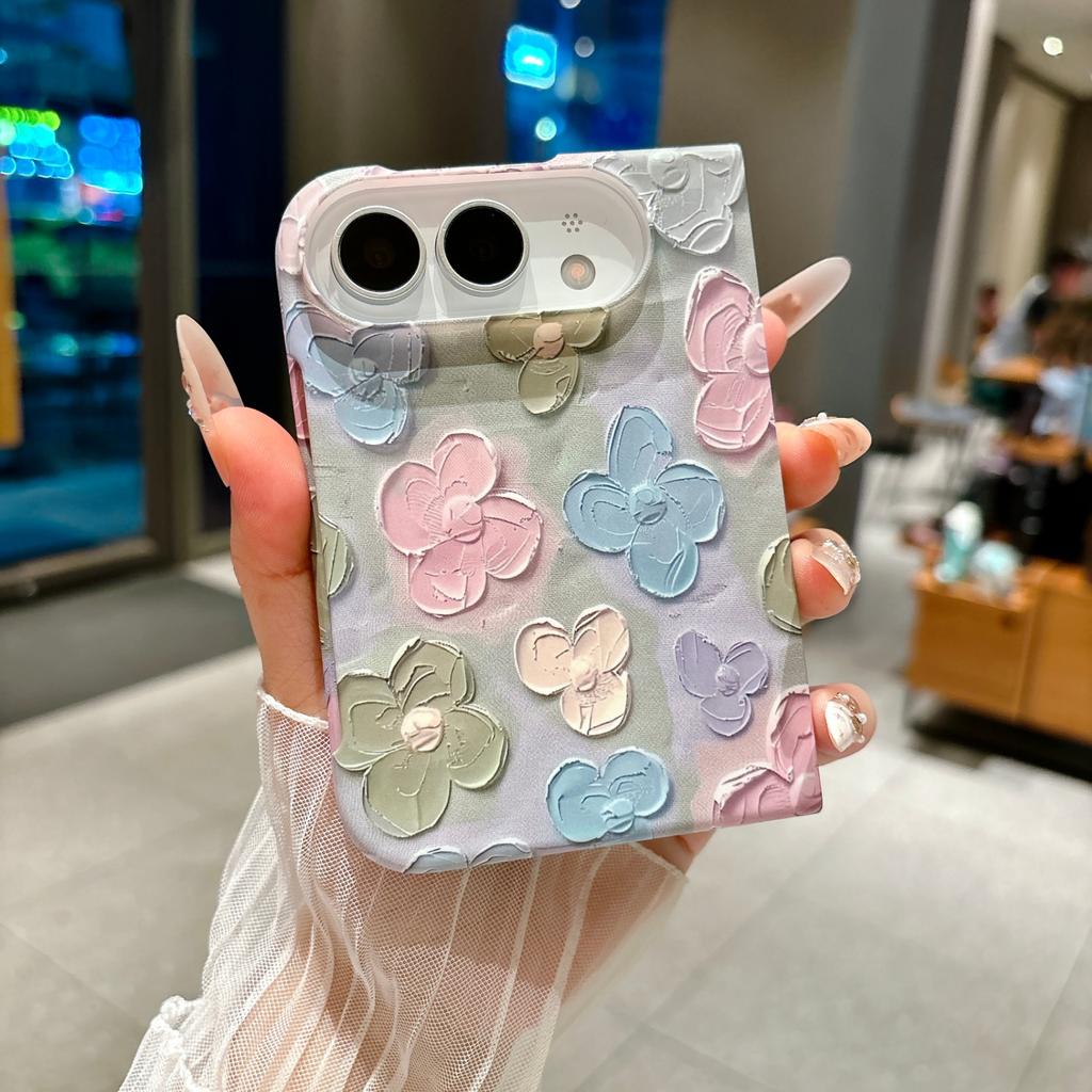 Luxury 3D Embossed Watercolor Floral Phone Case For IPhone DUO 18 Fold Fabric Wrist Strap Aesthetic Trendy Shockproof Anti Scratch Protection Cover