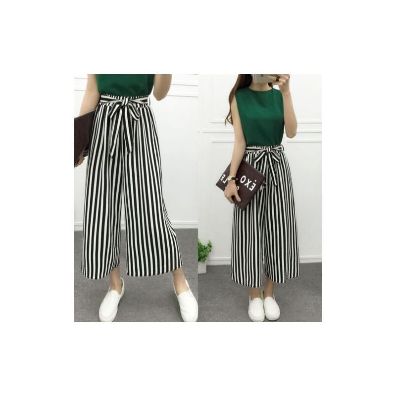 Women Wide Korean Leg High Waist Loose Baggy Casual Striped Crop Trousers Pants