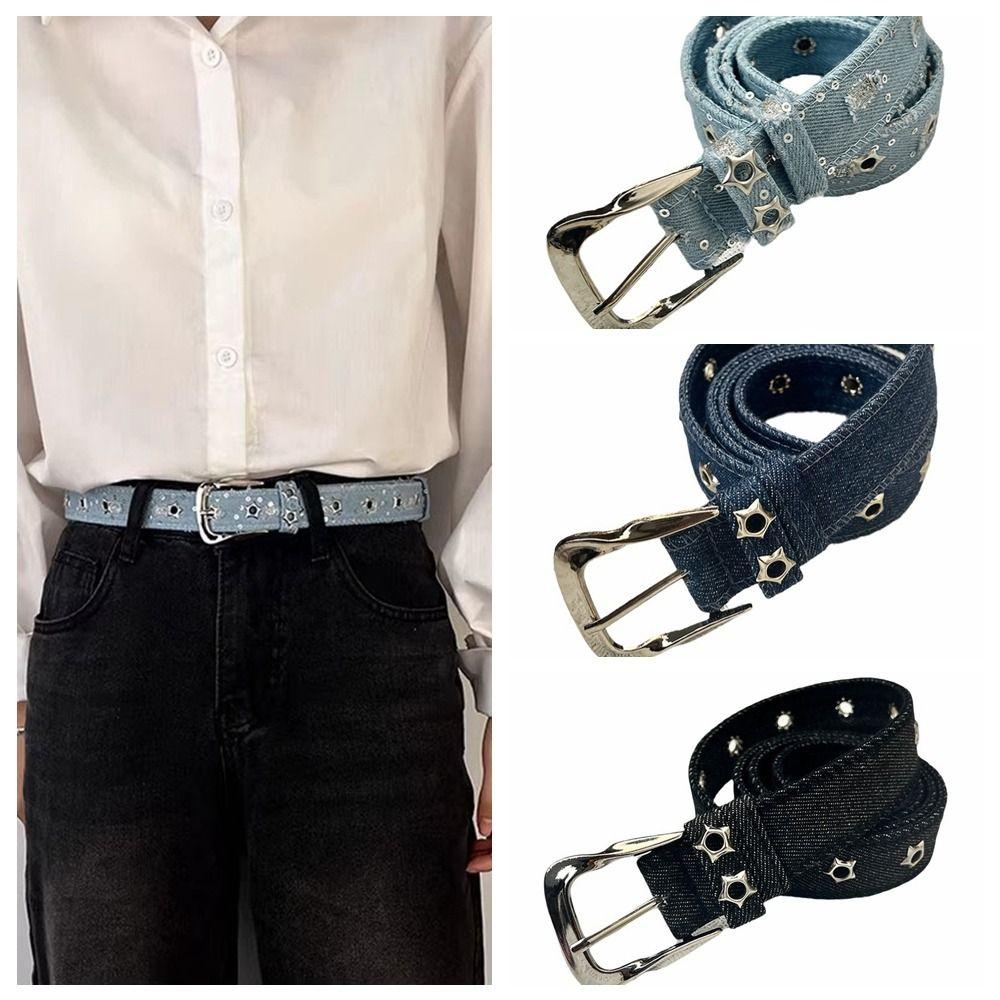 Personality Star Hollowed Pin Buckle Retro Jeans Belt Korean Style Wide Metal Buckle Belts Harajuku Y2k Denim Belt Lady