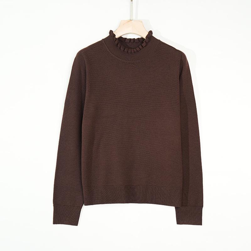 Autumn Winter Women's Seamless Wool Sweater – Ruffle Trim, Slim Fit, High Neck, Machine Washable Base Layer, Solid Color.