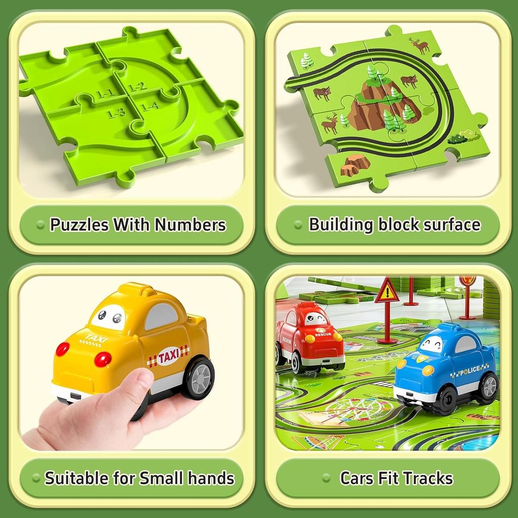 64 Pieces Puzzle Race Track Car Set Toys for 3 4 5 6 Year Old Boys - Puzzle Tracks Car Toys for Kids Ages 3-5 with 4Sliding Toy Cars, City-Themed