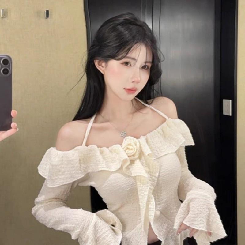 Womens Off-Shoulder Long Sleeve Blouse With Ruffle Trim Floral Neckline Slim Fit Short Top In Black Or Beige