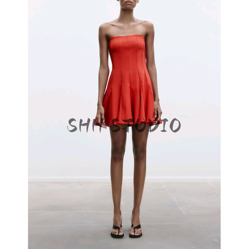 Spring New Women's Clothing off-Shoulder Collar Tube Top Wavy Style Wide off-Shoulder Straight Collar Short Dress 2160777