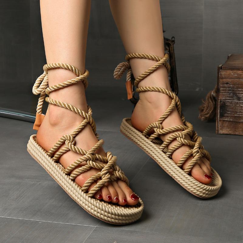 Summer Women's Flat Sandals Ankle Strap Hemp Rope Low Heel Retro Roman Sandals Leisure Beach Vacation Open Toe Women's Shoes