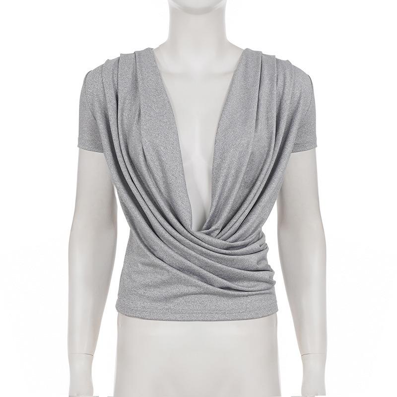 Sexy Deep V Neck Pleated Solid Short Sleeve T Shirt For Women