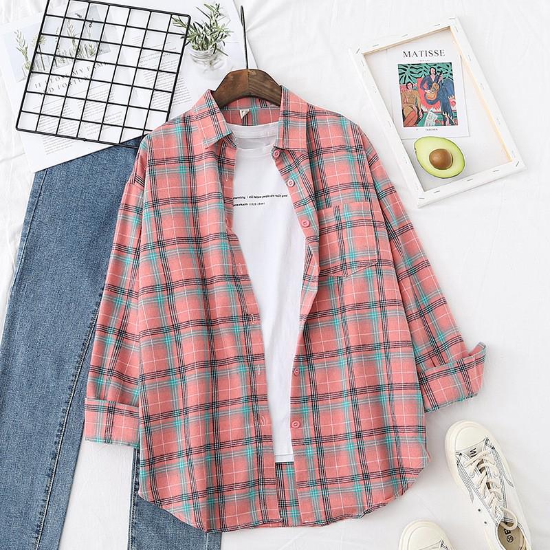 Women's Retro Plaid Flannel Shirt - Korean Style Cardigan Jacket for Spring & Autumn
