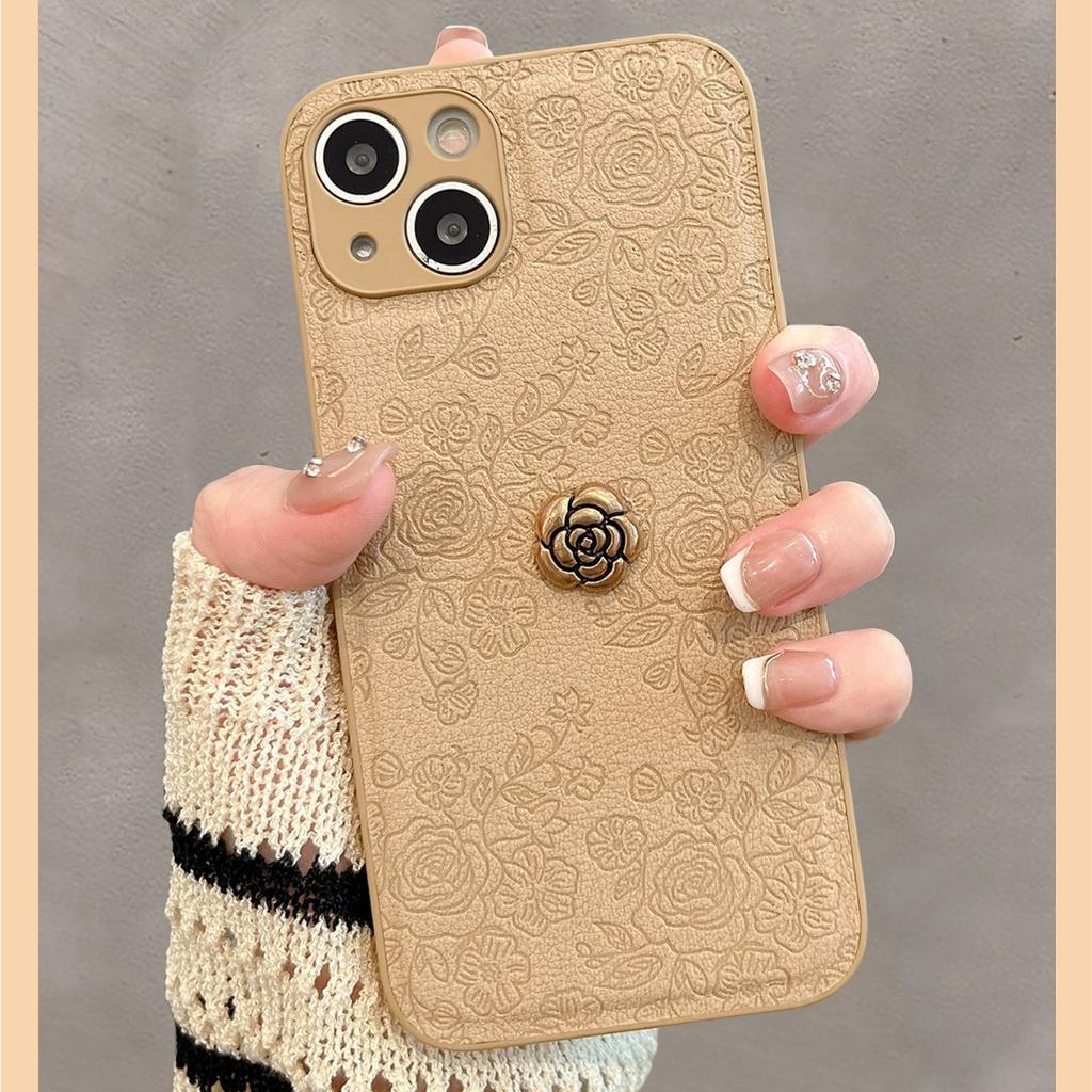 Camellia Ins Style for IPhone17 Mobile Phone Case for Apple 15PRO Embossed 16 Simple Solid Color Protective Cover