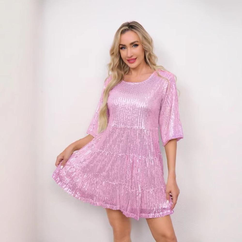 Women's Crew Neck Half Sleeve Mini Dress Loose Fit Sparkly Sequin Layered Party Short Dress