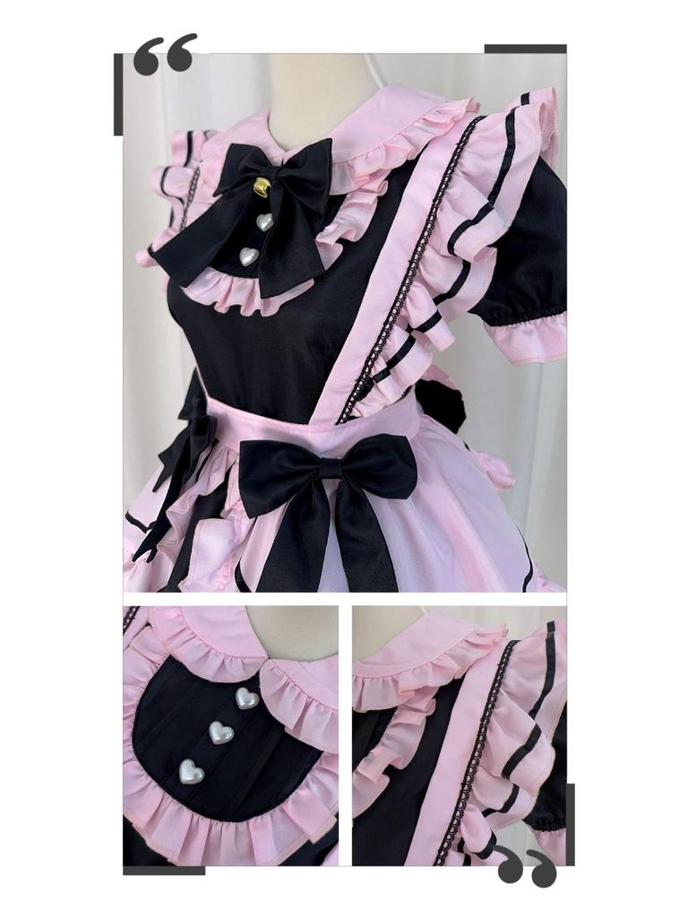 New Japanese Lolita Black Pink Maid Costume with Cute Cat Bow