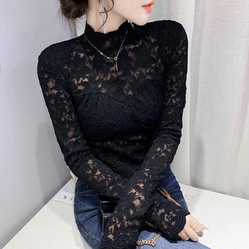 2021 Autumn Stand-up Collar Lace Long Sleeve Hollow Slimming Women's Top