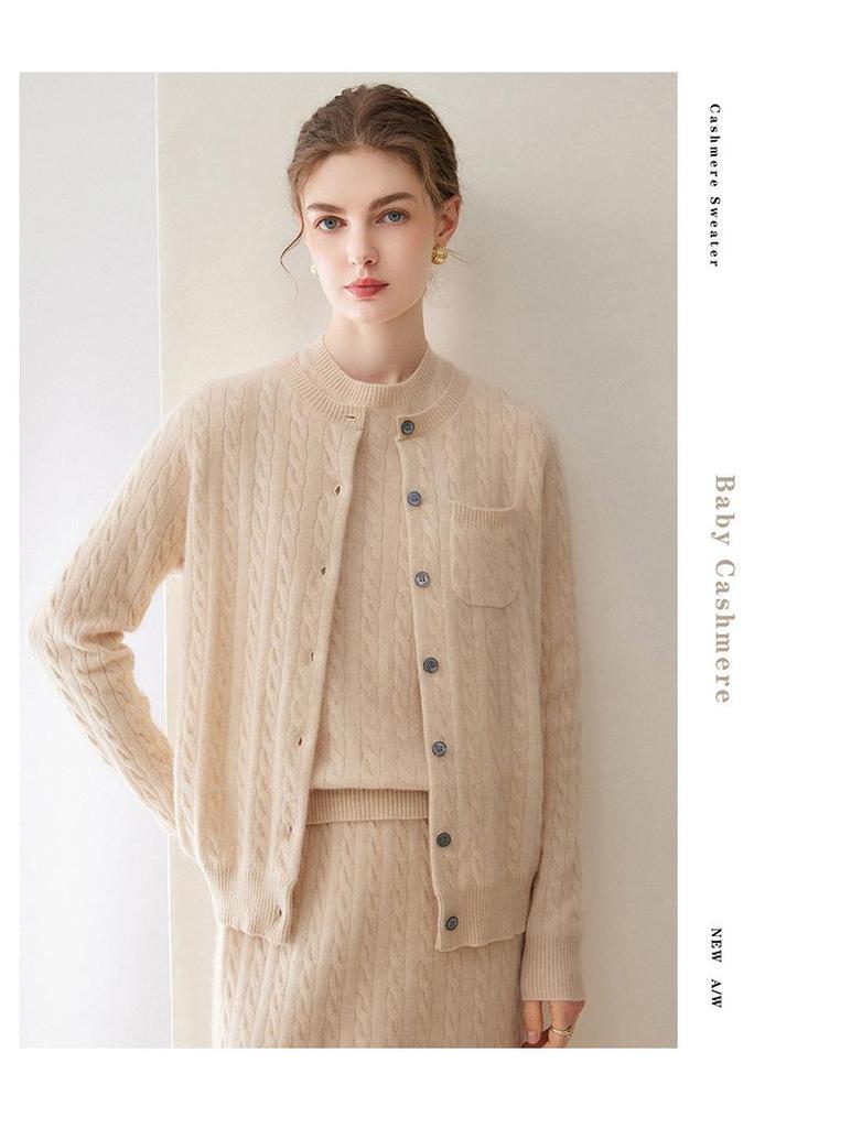 Kang Sai Ni Women's 100% Cashmere Round Neck Cable Knit Sweater - Versatile & Casual Knitwear