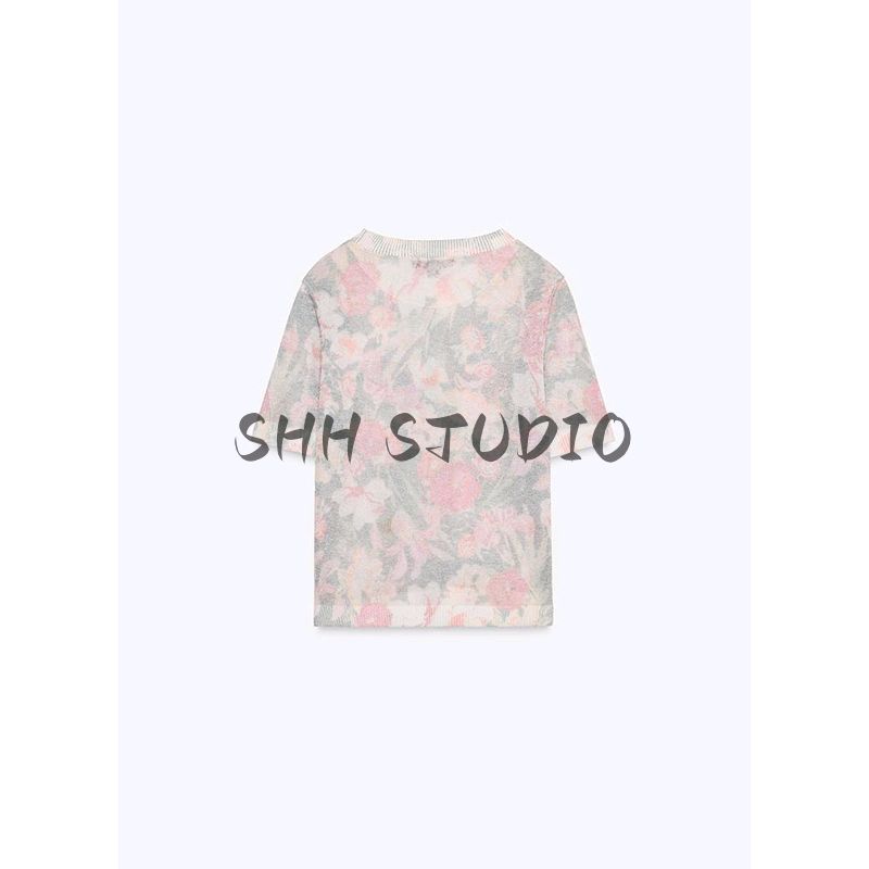 Spring and Summer New Women's Clothing Casual Rib Decorative Layer Flower Print Round Neck Short Sleeve Knitwear 1822018