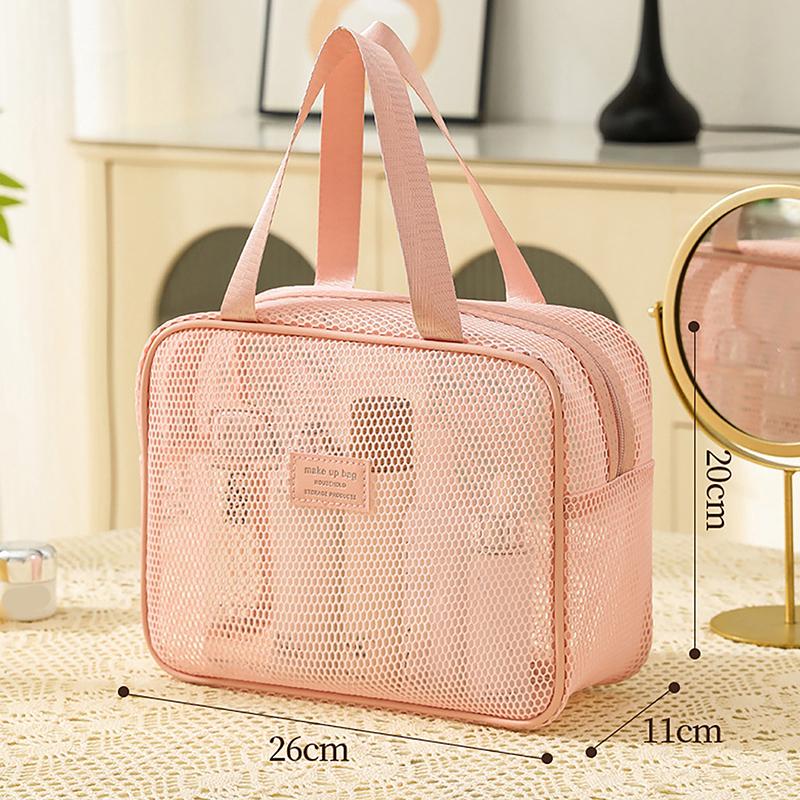 Portable Solid Color Mesh Cosmetic Bag Lightweight Space Saving Zipper Bags Large Capacity Travel Toiletry Storage Handbag