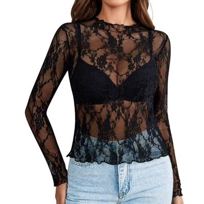 Top da Donna Sexy a Manica Lunga Trasparente in Rete e Pizzo Camicia Trasparente