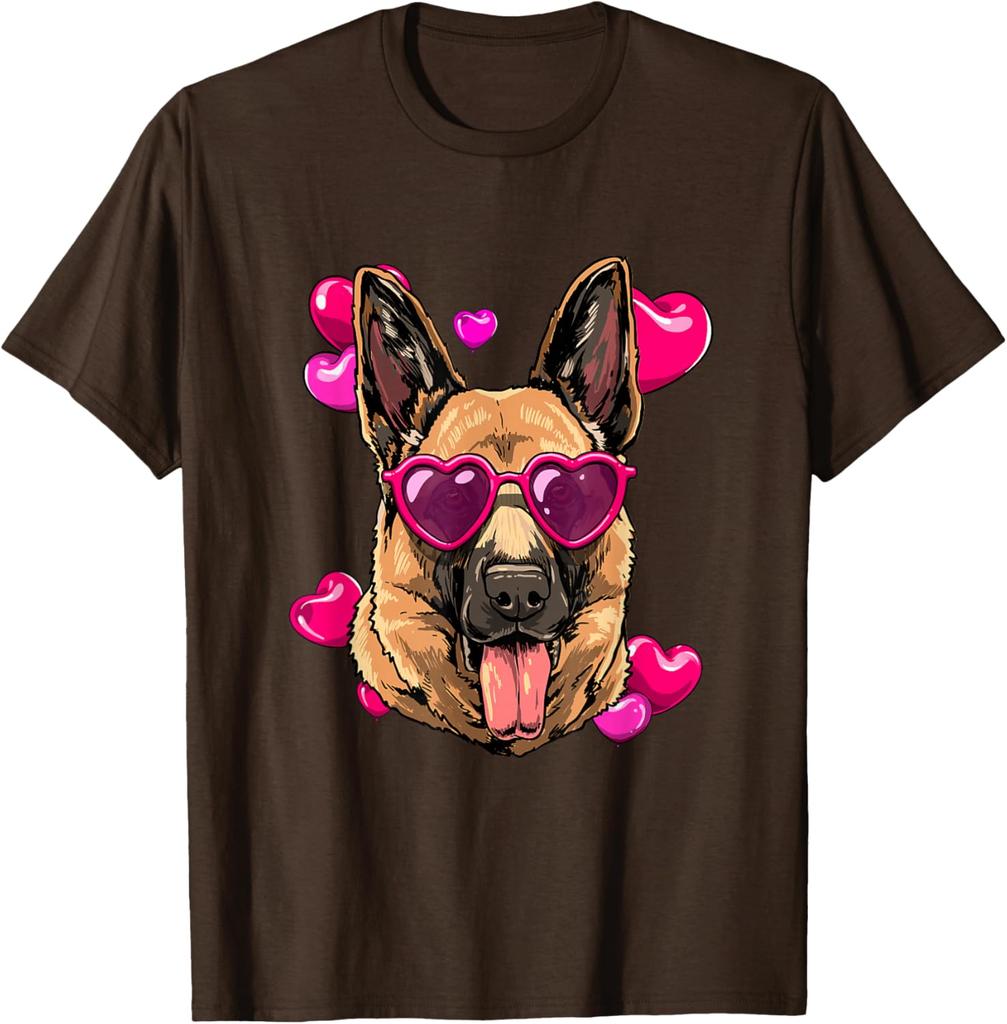 German Shepherd Valentine Heart Glasses Dog Lover Graphic Tee Soft Breathable Short Sleeve T-Shirt