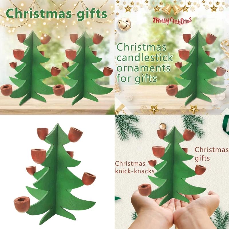 Warm Glowing Christmas Tree Shape Candle Holder Wood Crafts Tapered Candle Stand Candlestick for Seasonal Party Decors