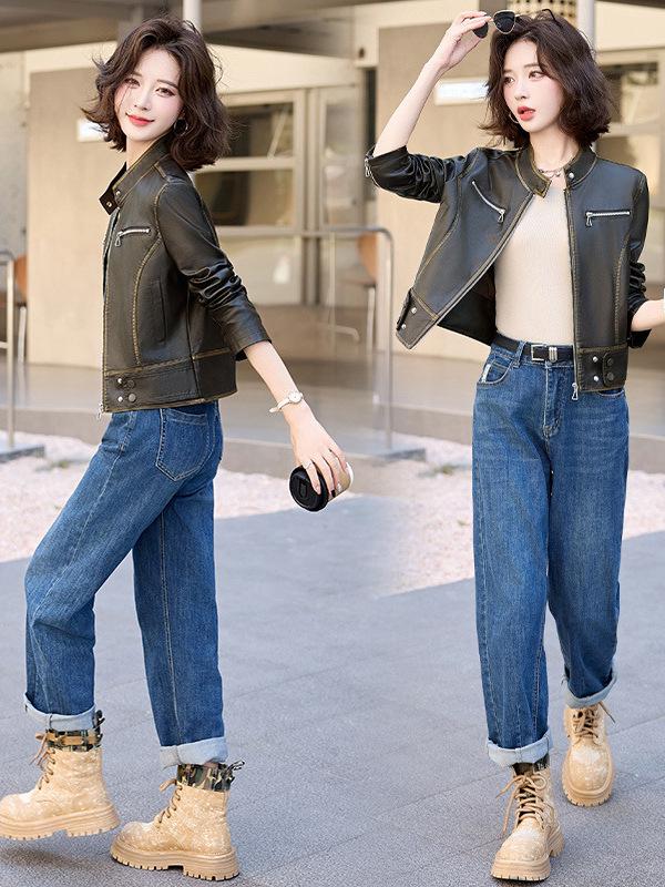 2025 Elegant Petite Women's Genuine Leather Jacket - Short Spring/Autumn Style