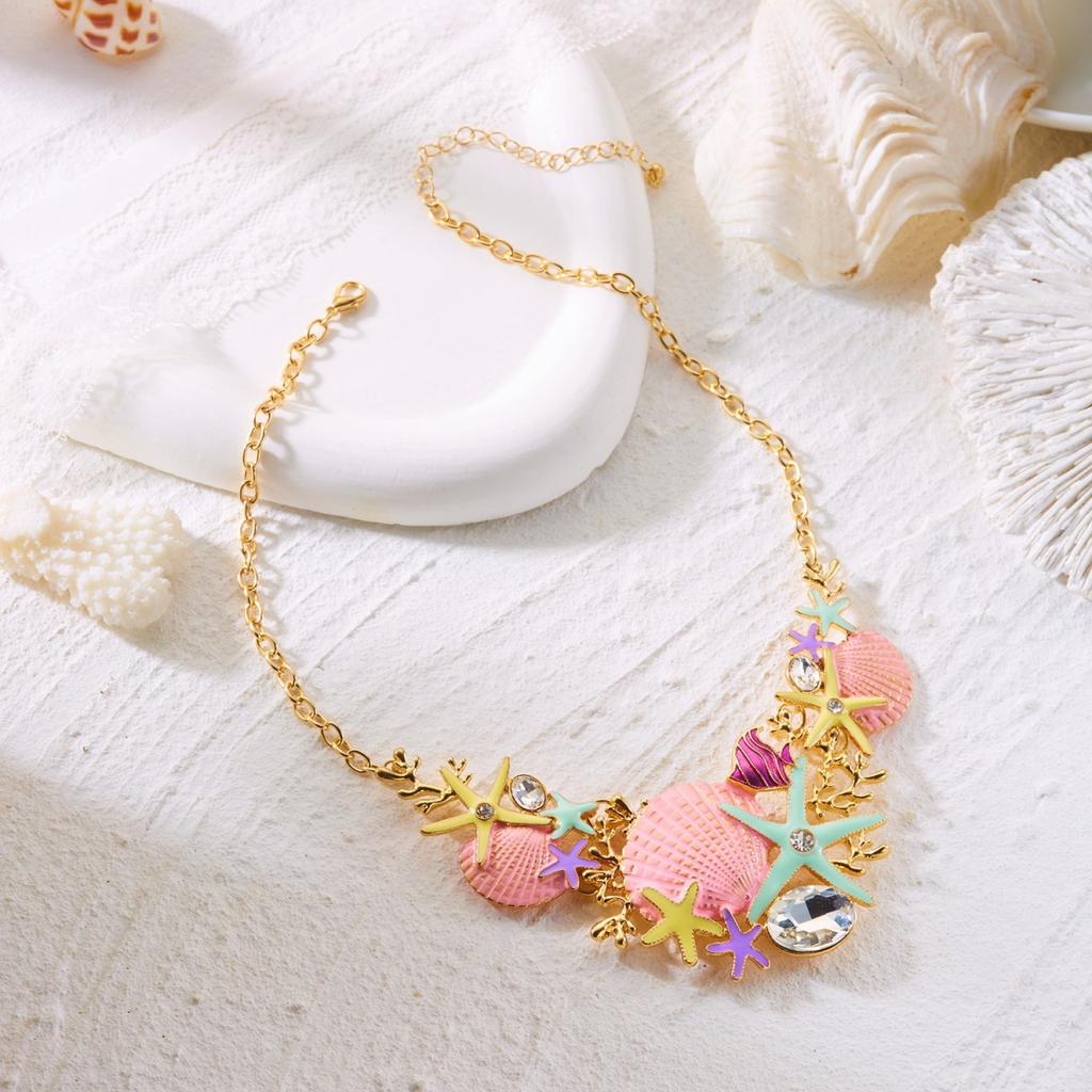 Summer Rhinestone Colorful Enamel Starfish Shell Fish Coral Necklace For Women Men Bohemian Star Beach Vacation Choker Jewelry
