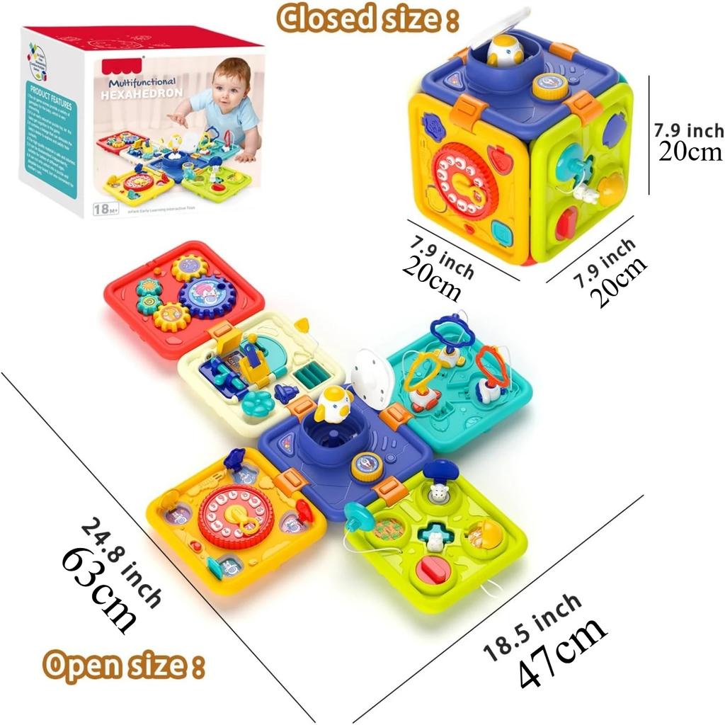 6 in 1 Baby Learning Activity Cube Busy Board Montessori Sensory Toys with Music & Lights for Boy Girl Toddler Educational Toys
