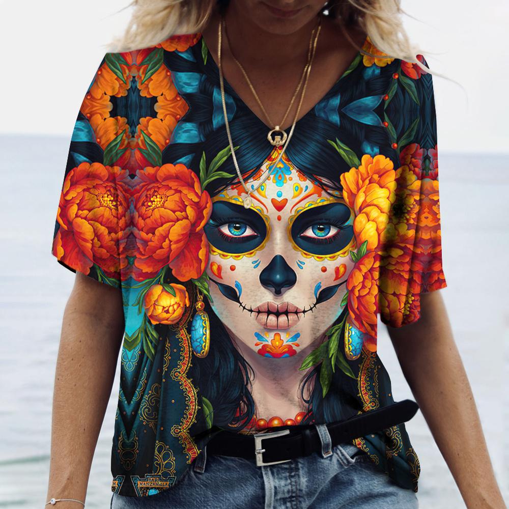 Plus Size 7XL Fashion Woman Blouses 2024 T-shirt Women's 3d Clown Print Color Skull V-neck T Shirt Female Clothing Oversized Summer Tops Tees