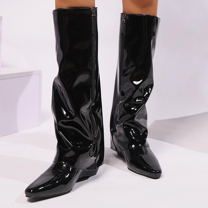 

Женские кожаные туфли на танкетке на среднем каблуке с острым носком на высоком каблуке до колена, женские зимние дизайнерские туфли-лодочки 2025 года, ботинки челси Mujer 38