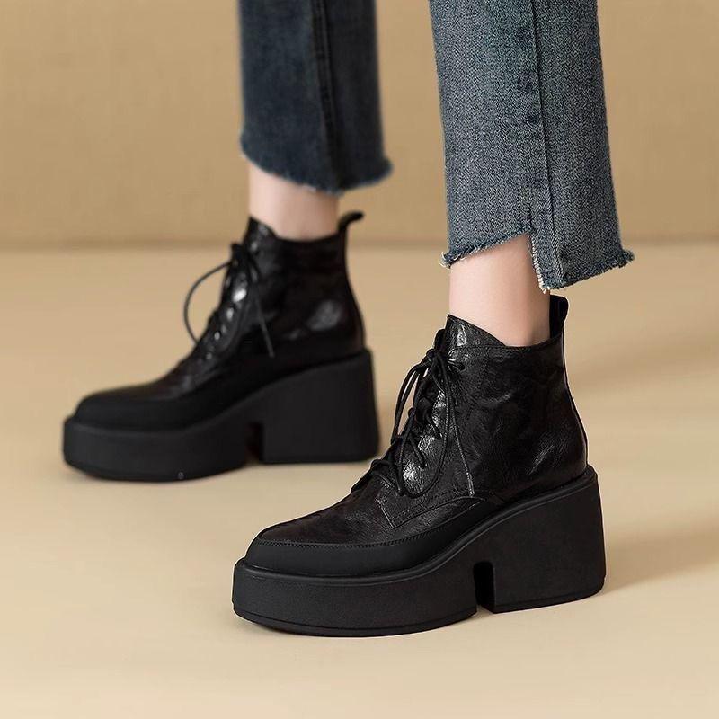 

Women s Height-Enhancing Pointed-Toe Martin Boots - Thick-Soled, Soft-Faced, Lace-Up Ankle Boots for Autumn and Winter 35 чёрный