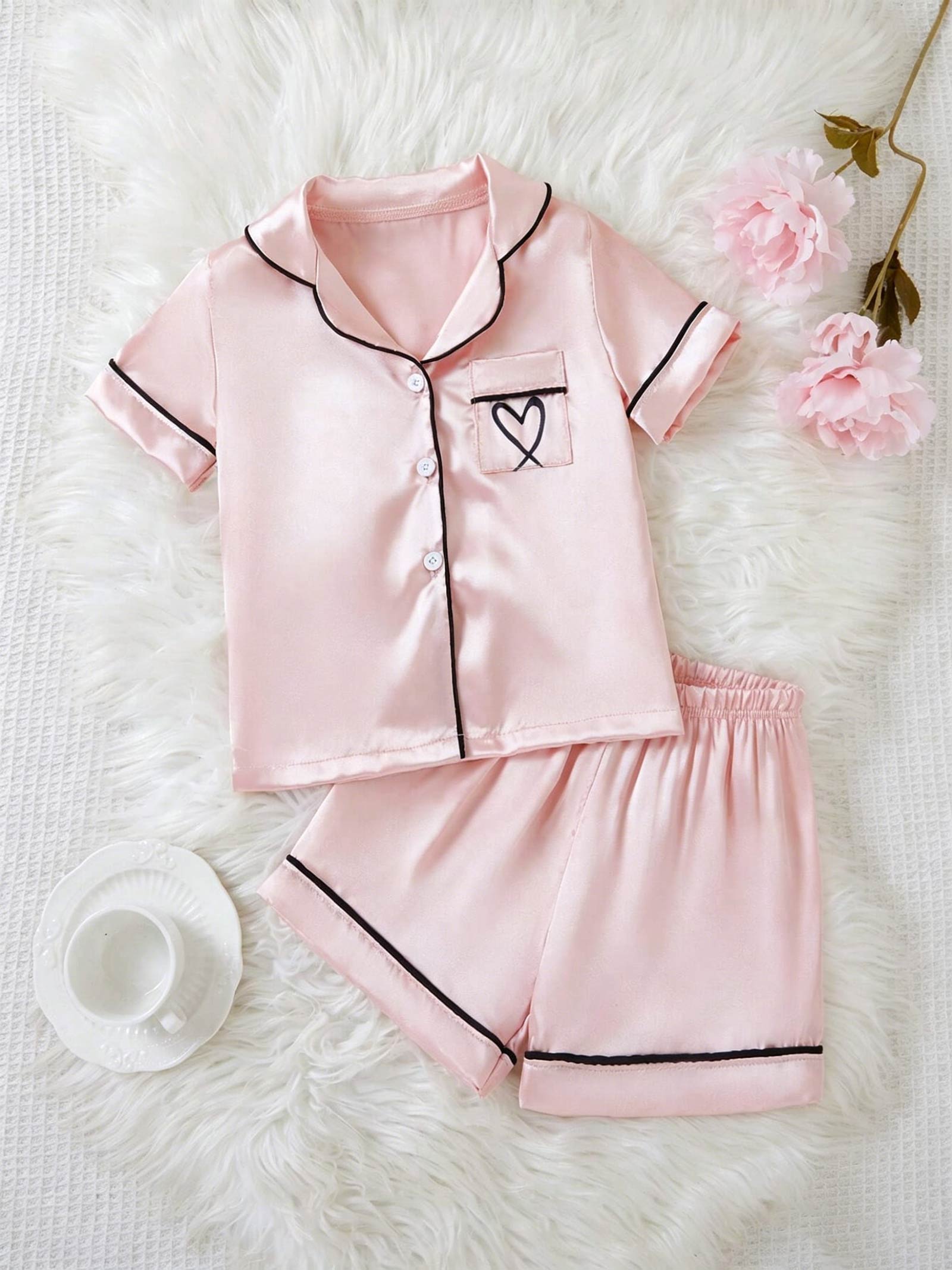 Girls Satin Pajama Set, Pink Silky Short Sleeve Sleepwear, Cute Heart Print Loungewear for 4-7 Years 4Y розовый