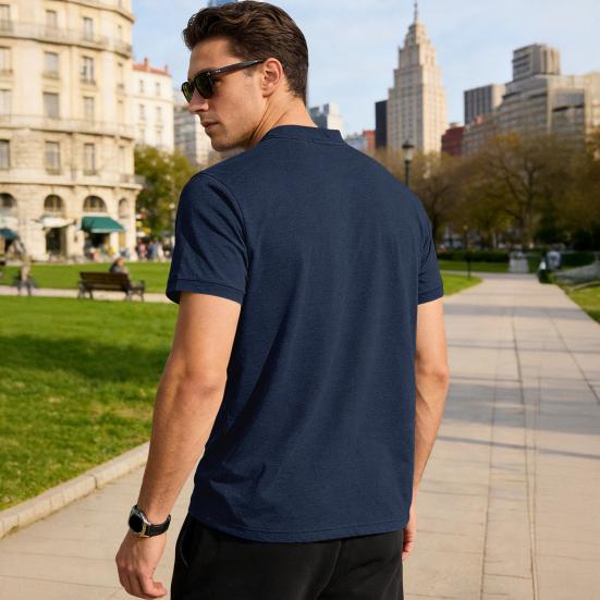Men Quarter Button T-Shirt Solid Color Short Sleeve Band Collar Summer Tee Loose Fit Tee Shirt with Chest Pocket for Street Holiday Beach