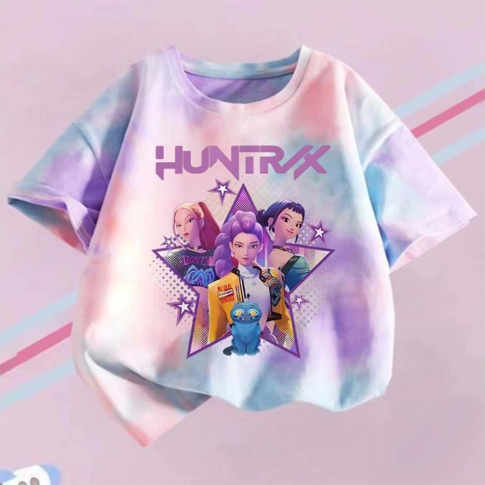 T-shirt Girls Children Tie-dye Fashion Top Girls Cartoon Print Casual Comfortable Clothing Short Sleeve T-shirt