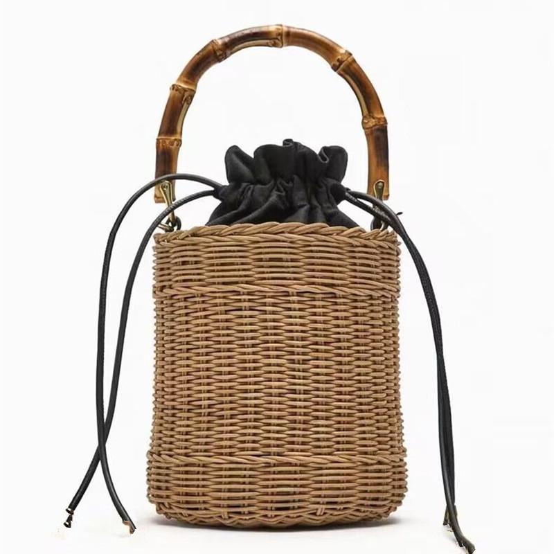 

Wicker Rattan Bucket Bag Bamboo Handle Women Handbags Bohemian Travel Beach Shoulder Bag Handmade Straw Bags for Women Tote