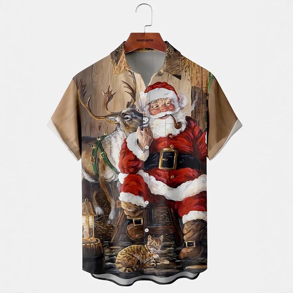 Christmas Short-sleeved Collared Shirt, Men's Holiday Vacation Top