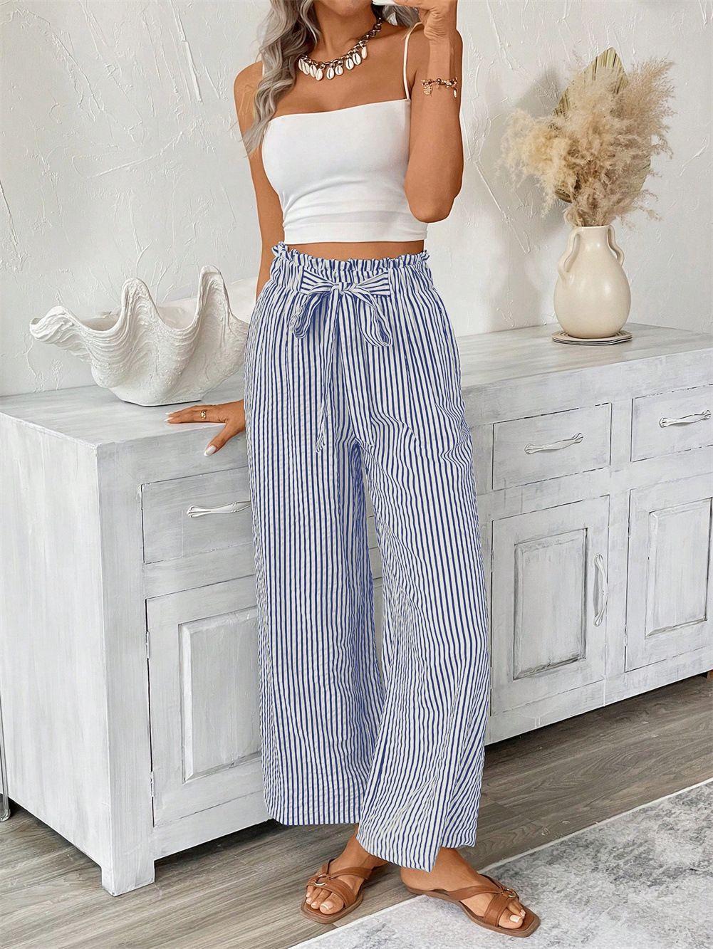 Spring & Summer Women s Striped Straight-Leg Pants - European & American Style, Casual Commute Wear XXL