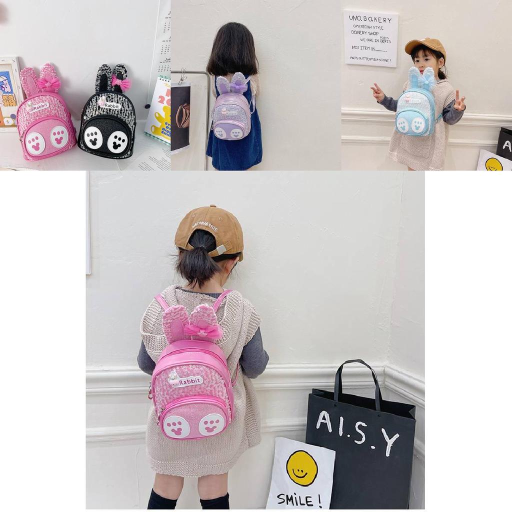 Adorable Bunny Ear Cartoon Kids Backpack Stylish Korean Design Sequin Pu Material