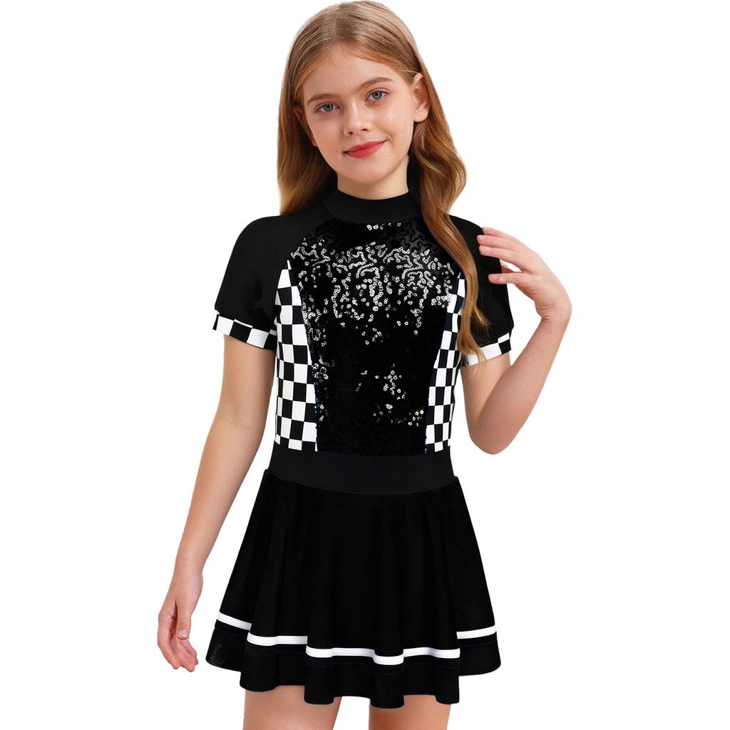 Girls Racing Costume Mock Neck Short Sleeve Back Invisible Zipper Checkerboard Sequins Dress