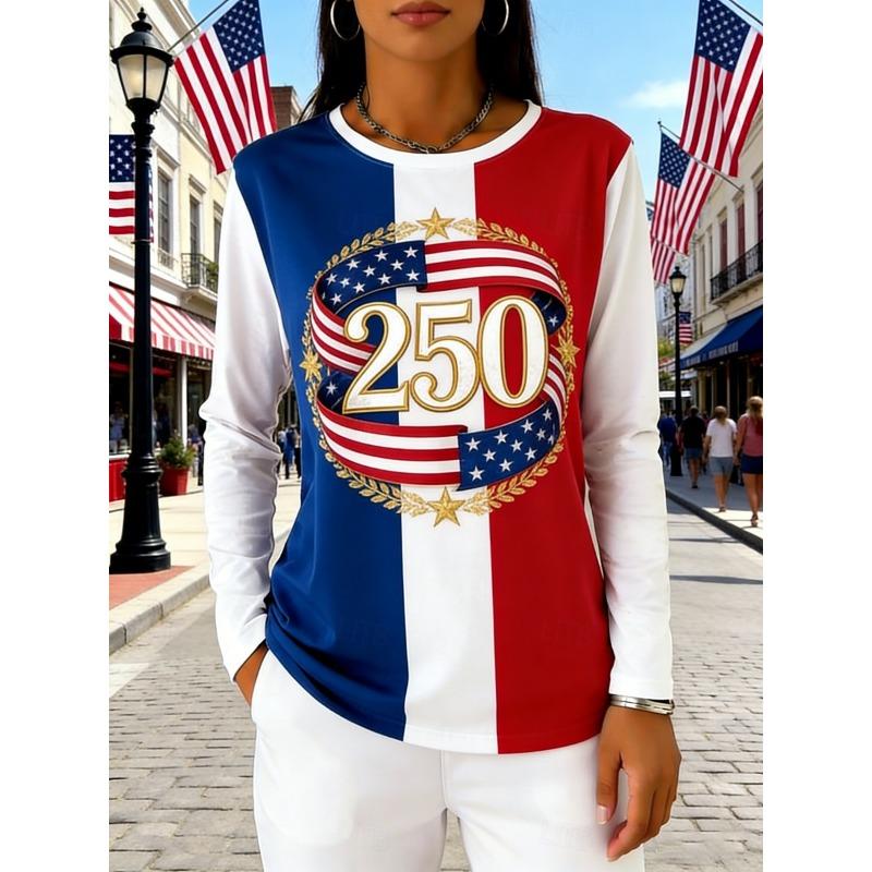 Women s T Shirt Tee Top Print Graphic Flag Fashion Basic Classic Long Sleeve Crew Neck Regular Tops S