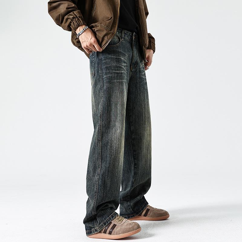 New Retro Washing American High Street Bark Wrinkle Design Loose Straight Jeans